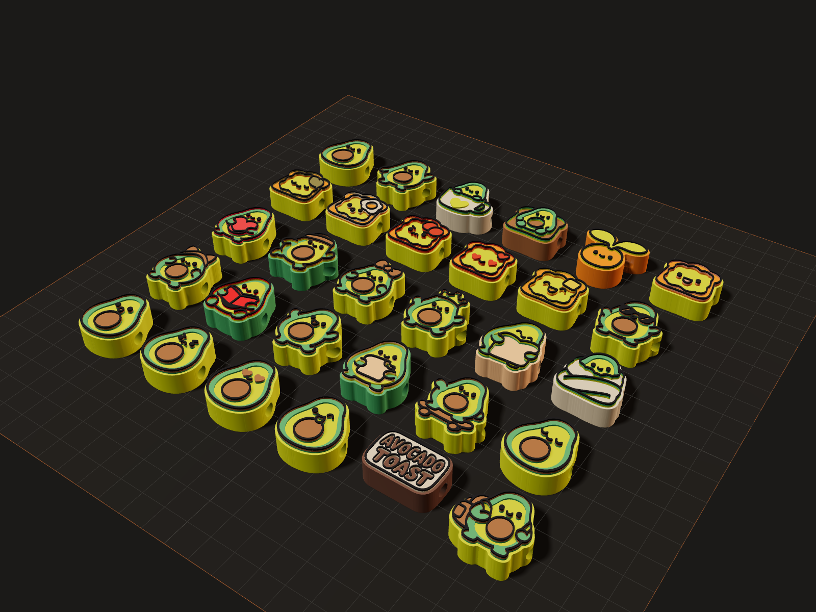Kawaii Avocado Toast Charm Beads, seen at an angle
